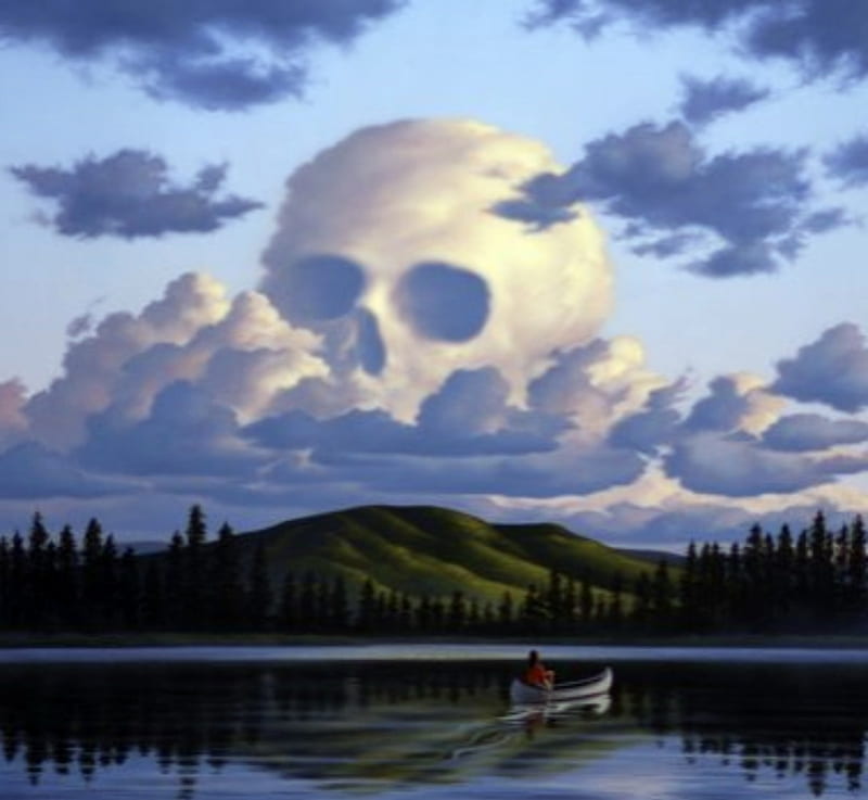 Skull Clouds In The Sky, Person, Boat, Steampunk, Trees, Clouds, Sky, Lake, Skull, HD wallpaper