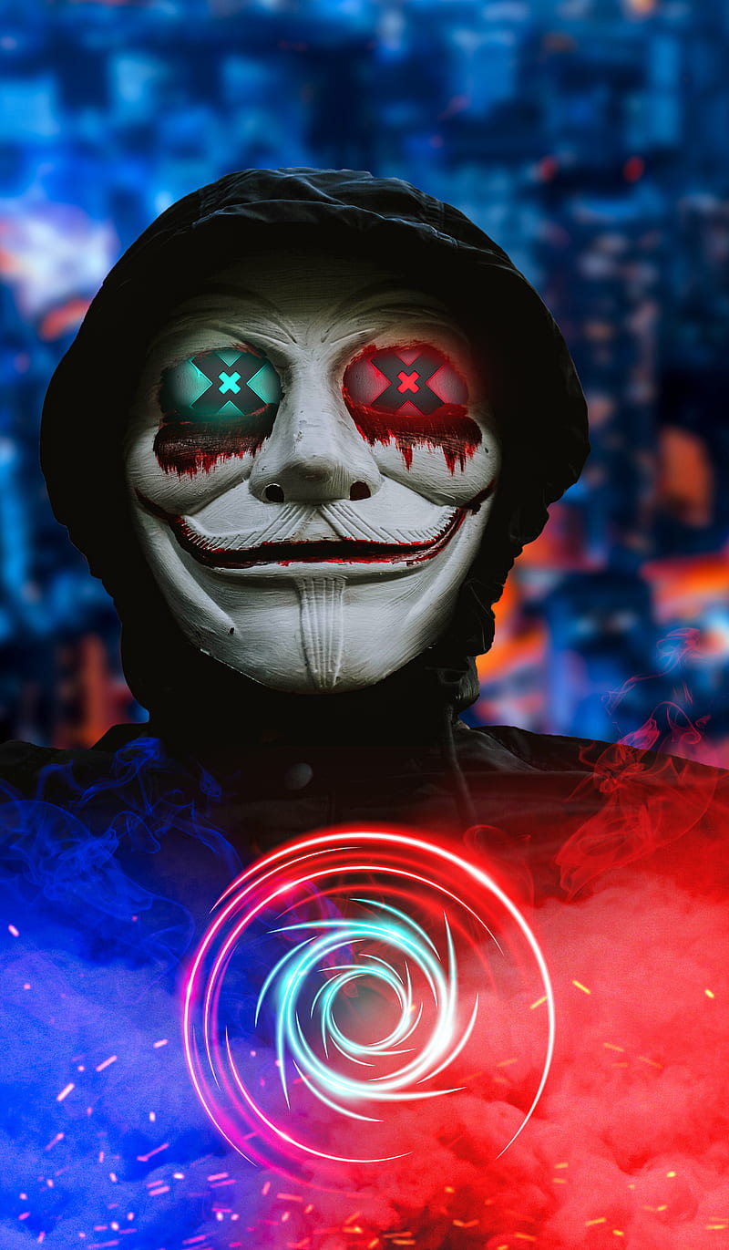 Anonymous Masked Man, blue, city, neon, sky, smoke, street, HD phone wallpaper