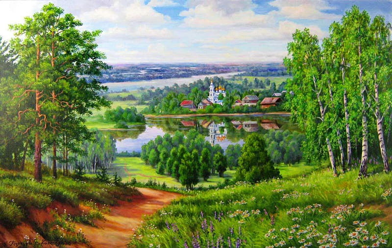 Russia, pretty, riverbank, shore, grass, bonito, clouds, mountain, nice, calm, green, painting, path, village, flowers, beauty, river, lovely, view, greenery, town, country, sky, lake, water, serenity, peaceful, meadow, field, HD wallpaper