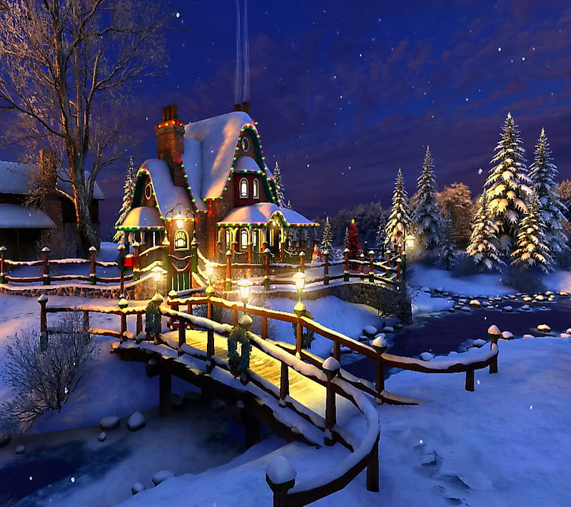 Christmas Cottage, christmas, cottage, eve, night, snow, winter, HD wallpaper