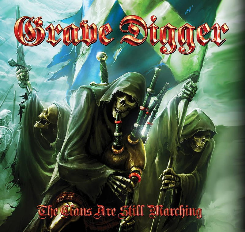 Grave Digger - The clans are still marching, skeleton, music, band, clan, flag, grave, metal, logo, digger, heavy, skull, sword, clans, HD wallpaper