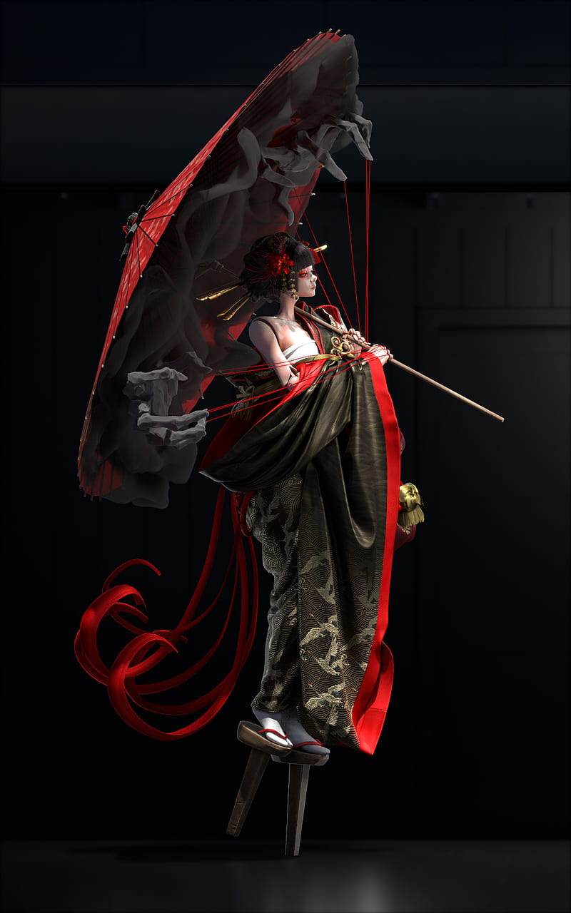 puppets, Japanese, umbrella, kimono, hands, strings, demon, joint, HD phone wallpaper