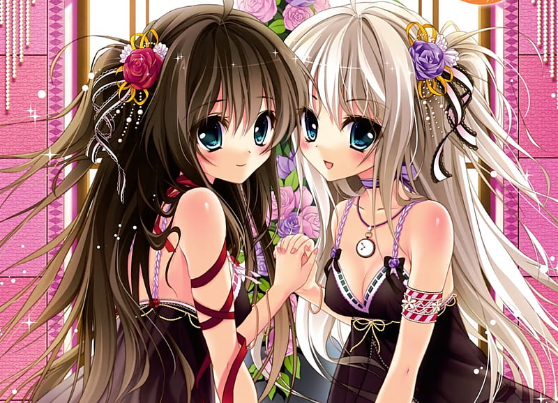 Twins, pretty, dress, cg, white hair, bonito, adorable, sweet, double, nice, anime, beauty, anime girl, long hair, gorgeous, black hair, female, lovely, gown, kawaii, girl, flower, awesome, silver hair, lady, white, maiden, HD wallpaper