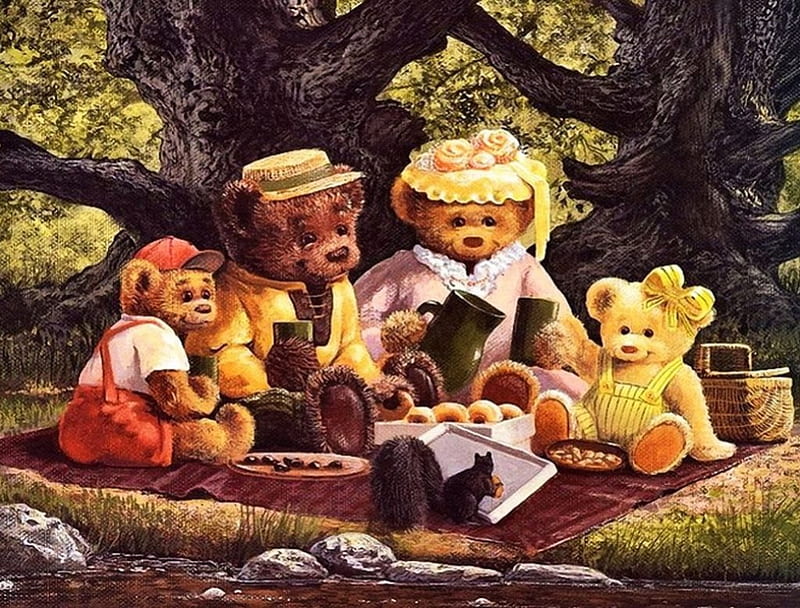 Teddybears' Picnic, family, squirrel, food, trees, artwork, HD wallpaper