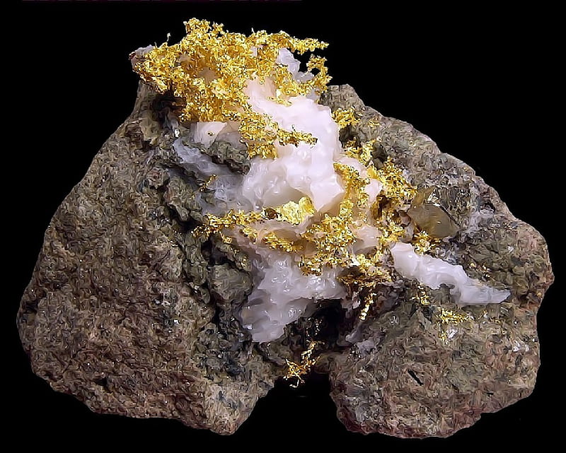 EXCEPTIONAL!! Museum quality specimen of crystalline Native Gold wires on Calcite with Pyrite!, mineral, crystal, calcite, shining, HD wallpaper