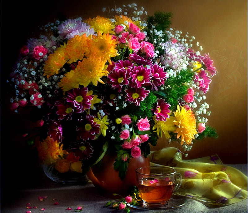 Still Life, with love, pretty, yellow, vase, cup of tea, tea, flowers, beauty, art, lovely, white flowers, romance, still, pink rose, purple, tea time, cup, white, daisy, colorful flowers, colorful, rose, bonito, graphy, green, yellow flowers, for you, pink, romantic, purple flowers, colors, roses, pink roses, daisies, bouquet, petals, nature, HD wallpaper
