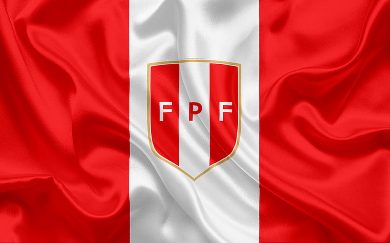 Peru national football team, logo, emblem, flag of Peru, football federation, World Championship, football, silk texture, HD wallpaper
