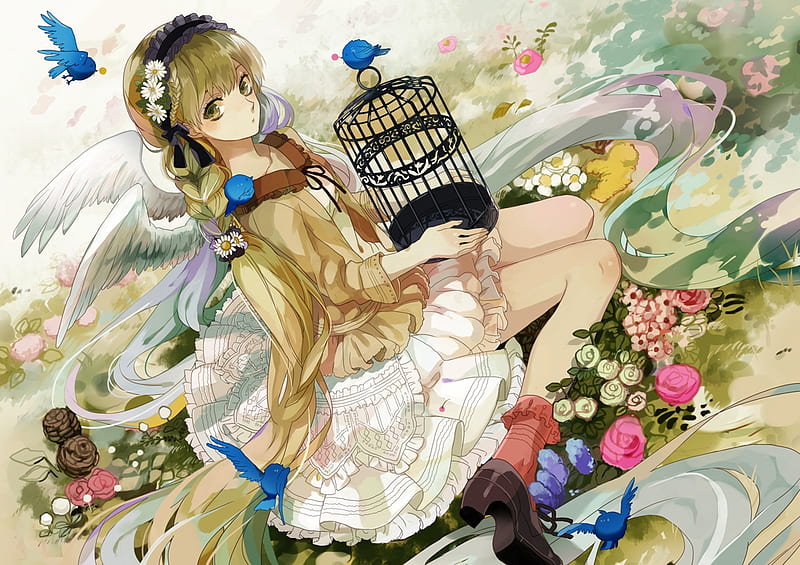 bird, girl, cage, anime, flower, michi, manga, HD wallpaper