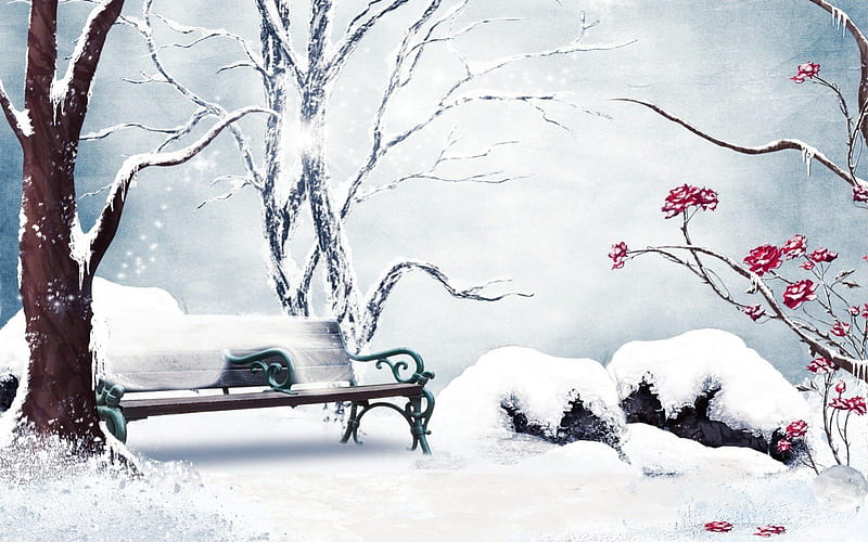 Winter, snow, bench, roses, trees, bushes, HD wallpaper