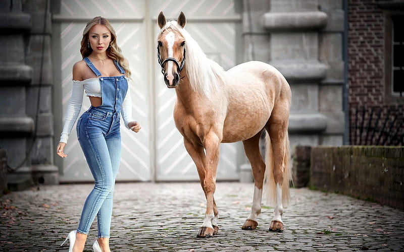 Cowgirl Danielle Chavez, model, cowgirl, blonde, overalls, horse, HD wallpaper