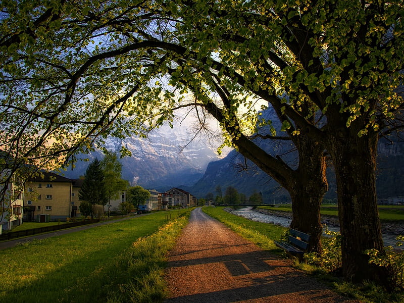 Village in the Alps in the Evening Light, mountains, houses, village, nature, road, trees, alps, lights, HD wallpaper