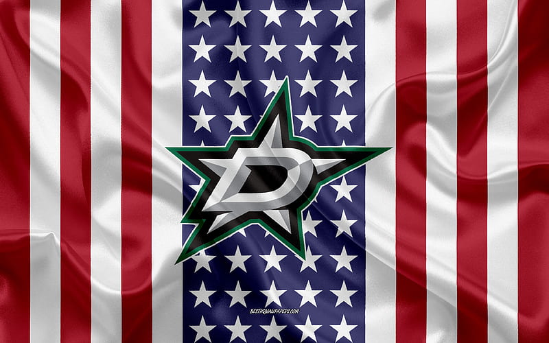 Dallas Stars logo, emblem, silk texture, American flag, American hockey club, NHL, Dallas, Texas, USA, National Hockey League, ice hockey, silk flag, HD wallpaper