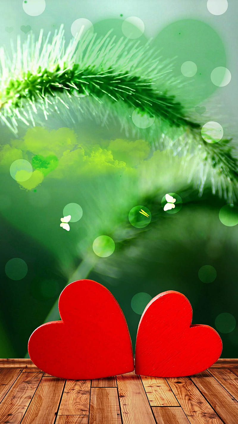 two red hearts, butterfly, nature, wood, HD phone wallpaper