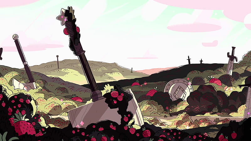 Steven Universe Stabbing Swords On Ground With Strawberry Plants With Fruits With Background Of Sky And Pink Clouds Movies, HD wallpaper