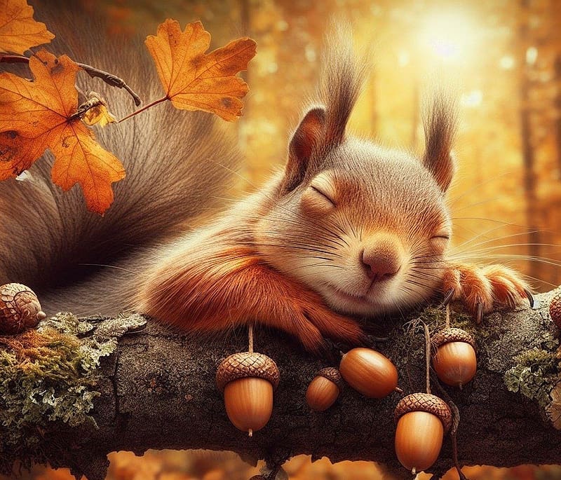Sleeping squirrel, ragcsalo, termeszet, alvo, fak, makk, oszi levelek, erso, allatfotozas, kozeli foto, mokus, sz, HD wallpaper