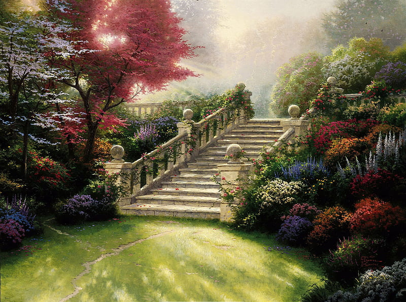 Thomas Kinkade - Stairway To Paradise, art, park, Thomas Kinkade, Kinkade, paradise, painting, summer, flowers, nature, stairway, HD wallpaper