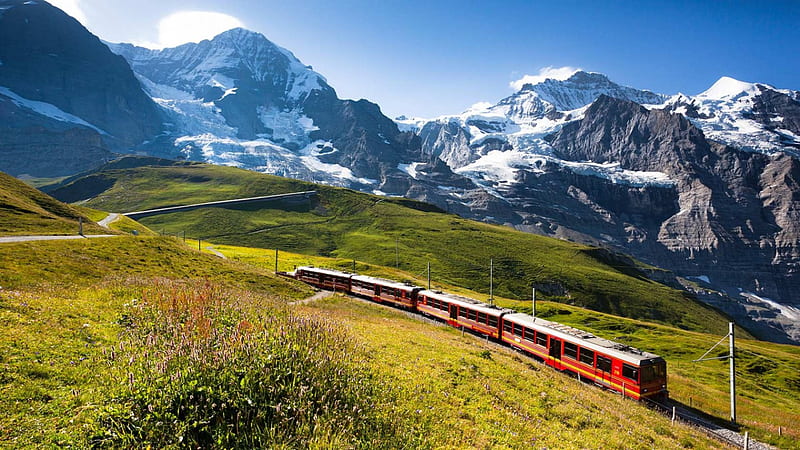 Going Up The Alps, railway, train, snow, grass, mountains, Switzerland, HD wallpaper