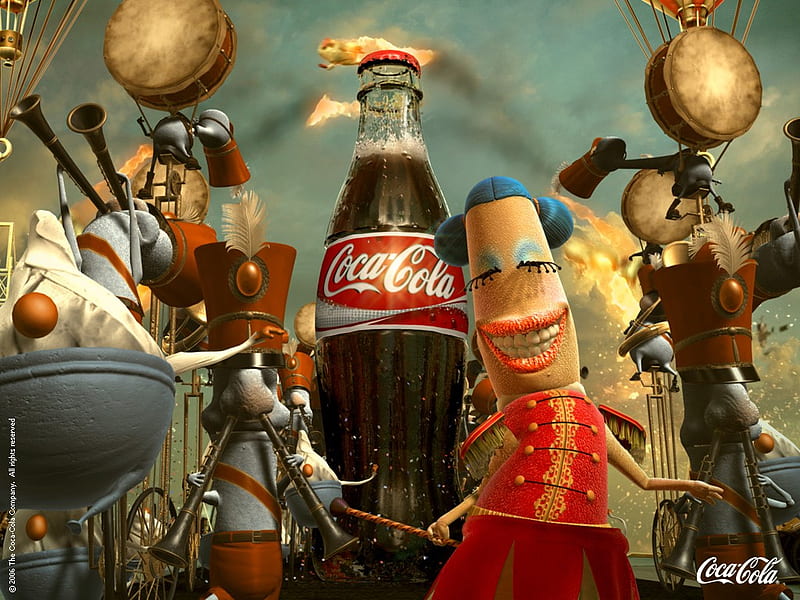 Coke happiness, ice cream, puppet, bottle, soda, parade, trumpets, horn, drums, soilders, HD wallpaper