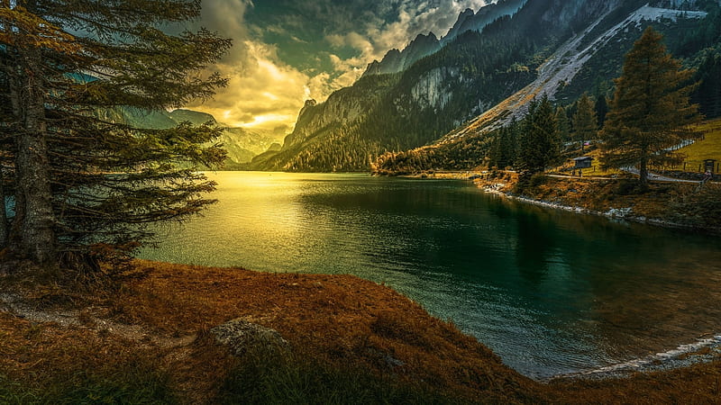 Beautiful sunrise on the river, clouds, mountain, nice, pine, land, sunrise, river, mirror, reflex, amazing, mountainscape, line, country, sky, riverscape, cool, water, tree, snow, awesome, sunshine, reflections, landscape, sun, grass, sunset, cabin, splendor, border, 1920x1080, bonito, graphy, sunny day, nature, HD wallpaper