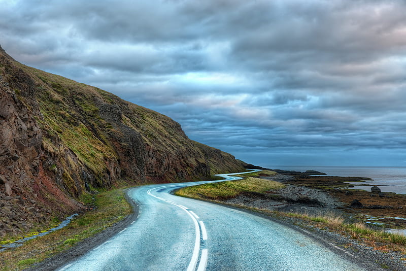 Curvy road in Iceland, long way, long road, curvy road, iceland, winter, icy road, curvy, ice cold, ice, blue sky, road, HD wallpaper