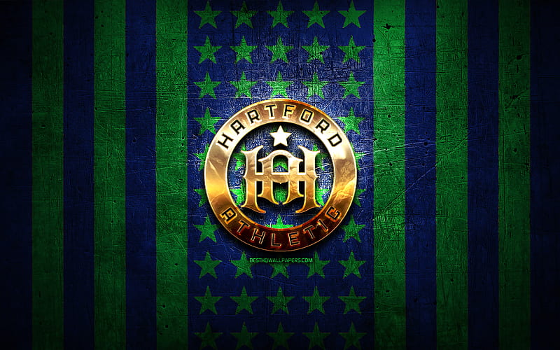 Hartford Athletic flag, USL, blue green metal background, american soccer club, Hartford Athletic logo, USA, soccer, Hartford Athletic FC, golden logo, HD wallpaper