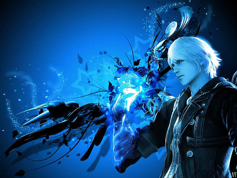 Nero, games, male, dmc4, white hair, video game, devil may cry, devil may cry 4, blue background, anime, lone, solo, dmc, HD wallpaper