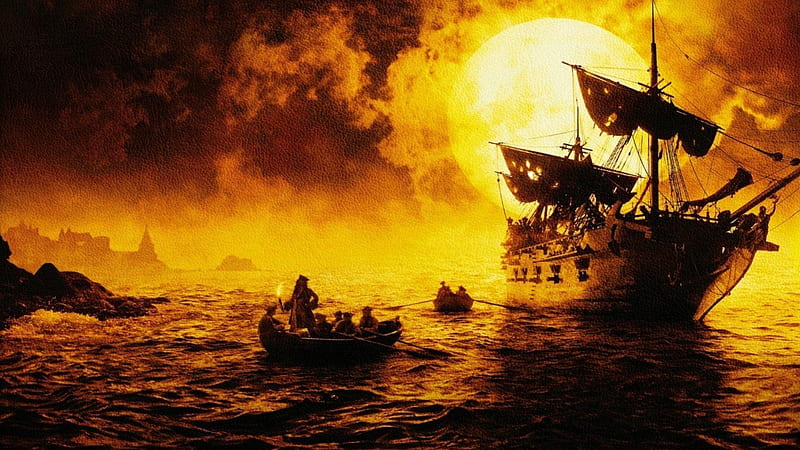 Black Pearl - Pirates of the Caribbean, sun, boat, sailship, clouds, storm, artwork, HD wallpaper
