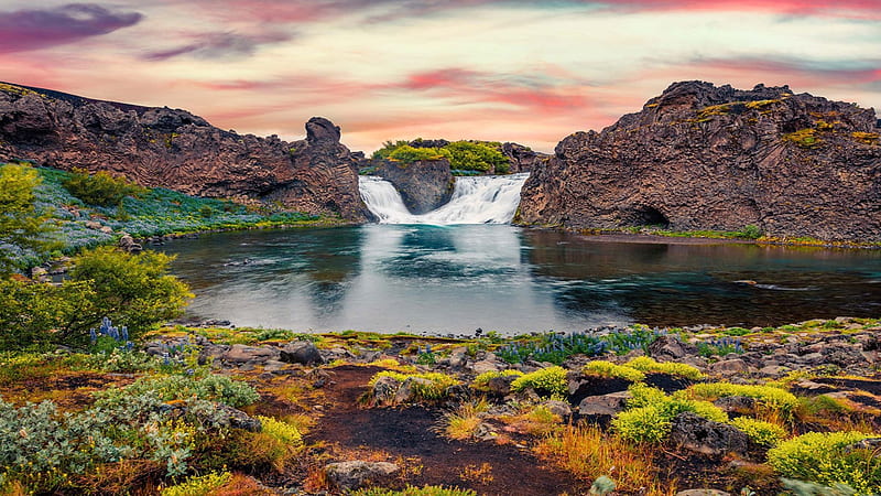 Hjalparfoss Waterfall, Iceland, rocks, river, colors, landscape, clouds, sky, sunset, HD wallpaper