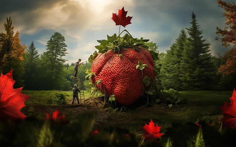 The strawberry, man, red, neuroset, strawberry, fantasy, fruit, giant, HD wallpaper