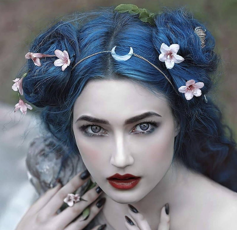 Beauty, moon, moon, girl, flower, face, a m lorek, woman, blue, HD wallpaper