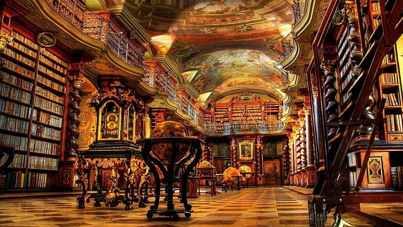 magnificent library r, books, library, painting, r, ceiling, HD wallpaper