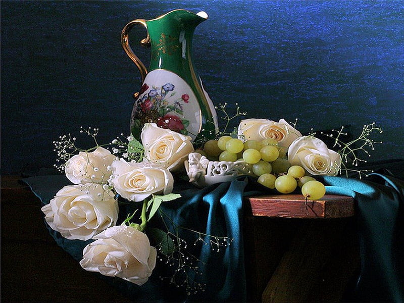 Grapes and roses, grapes, satin, flowers, jug, roses, white, HD wallpaper