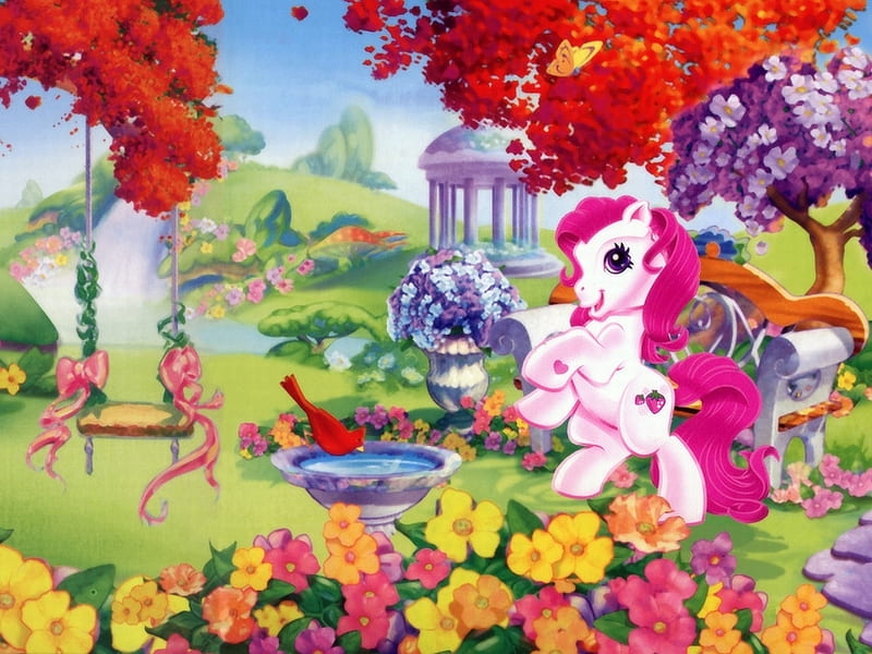 Garden Pony, bird, birdbath, swing, my little pony, flowers, garden, trees, HD wallpaper