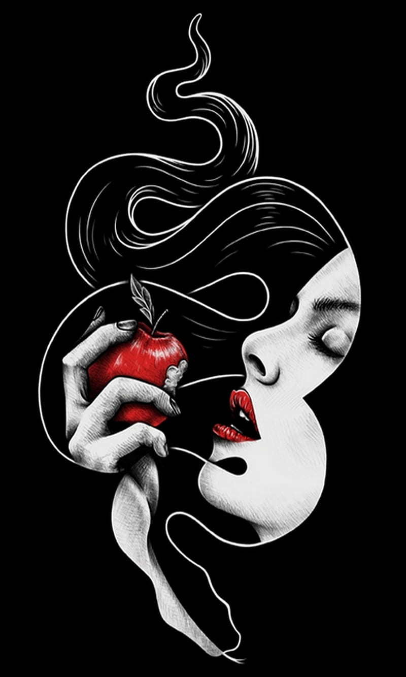 The syn, apple, art, lip stick, red, woman, HD phone wallpaper