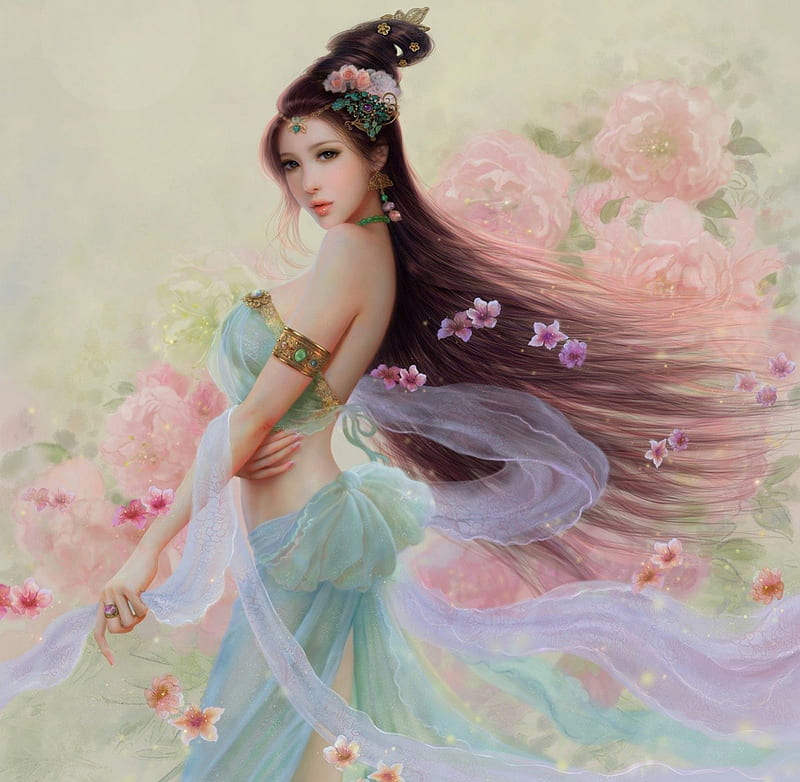 Asian Flower, fantasy, jewlery, flowers, asian, bonito, woman, HD wallpaper