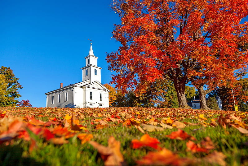 Autumn in New England, New England, church, foliage, colorful, fall, autumn, bonito, trees, countryside, leaves, peaceful, HD wallpaper