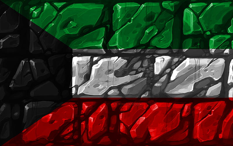 Kuwaiti flag, brickwall Asian countries, national symbols, Flag of Kuwait, creative, Kuwait, Asia, Kuwait 3D flag, HD wallpaper