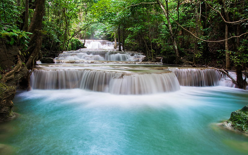 waterfalls, cascade, Thailand, rainforest, river, blue water, HD wallpaper