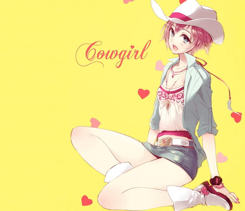 CowGirl, pretty yellow, bonito, sweet, nice, miniskirt, anime, love, beauty, anime girl, female, lovely, skirt, blouse, hat, plain, short hair, cute, kawaii, girl, jacket, heart, simple, sitting, lady, pink hair, western, maiden, HD wallpaper