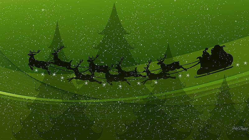Christmas in Green, sleigh, stars, Christmas, holiday, silhouettes, Father Christmas, Santa Claus, trees, winter, green, snow, reindeer, Saint Nicholas, vector, HD wallpaper