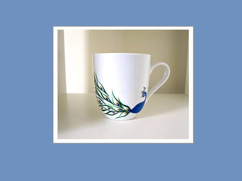 Peacock, cg, desenho, mug, abstract, 3d, painting, white, porcelain, HD wallpaper