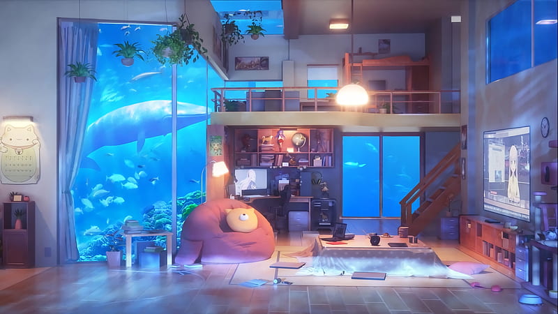 Aqua Room, art, japan, house, japanese, indoor, aqua, room, orginal, anime, HD wallpaper