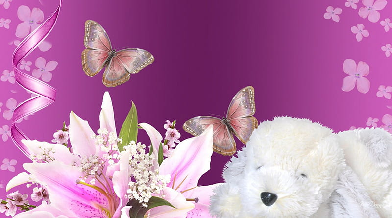 Fluffy Puppy Flowers, flowers, children, doggy, bright, papillon, flowers, pup, dog, magenta, toy, butterflies, spring, swet, cute, whimsical, lily, summer, plush animal, HD wallpaper