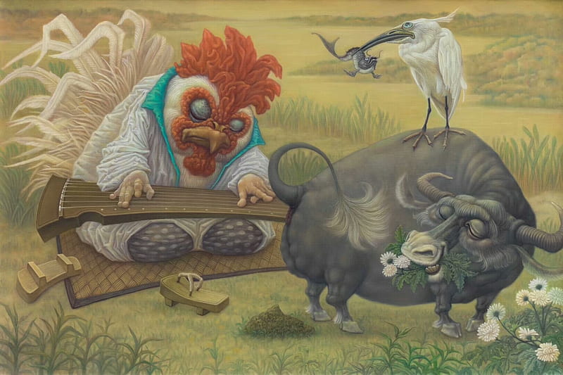 :D, rooster, fantasy, cow, bird, cocos, pasari, funny, user5178, animal, HD wallpaper
