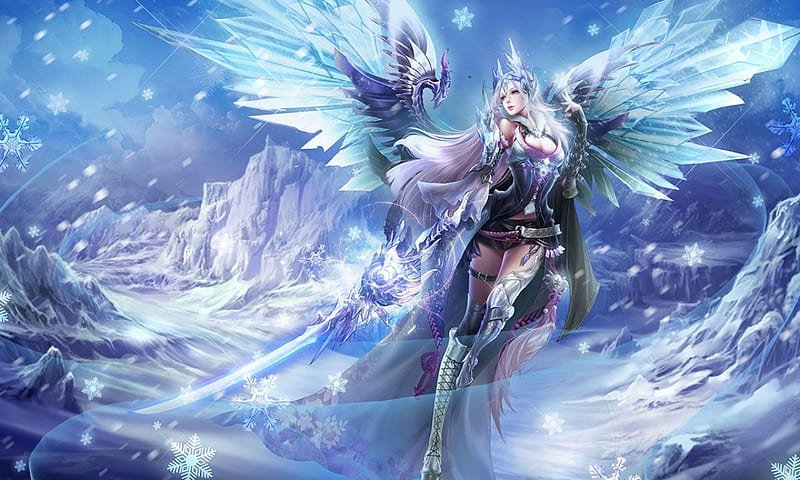 Angel, isolde, wings, luminos, game, winter, fantasy, girl, white, league of angels, blue, HD wallpaper