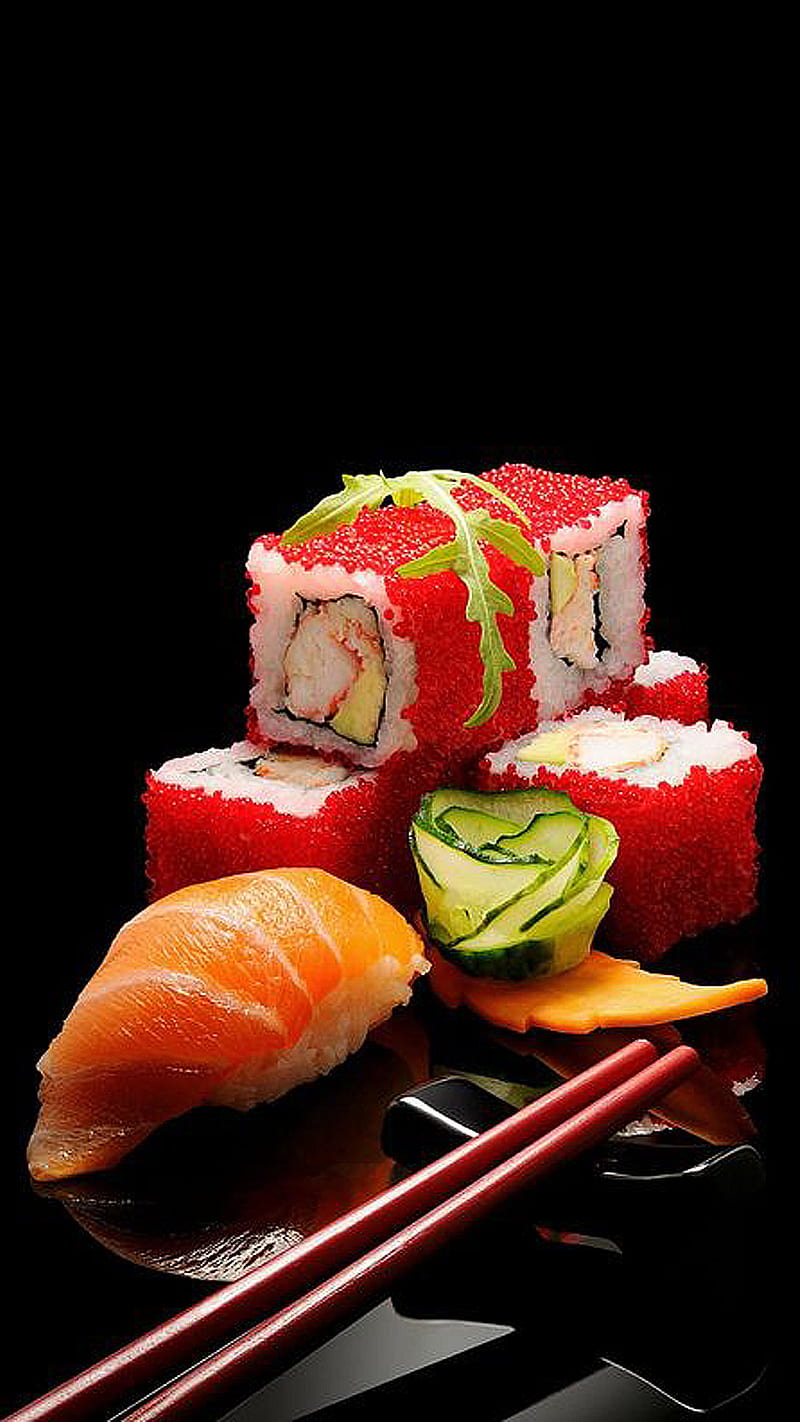 Sushi art, black, food, japanese, red, HD phone wallpaper