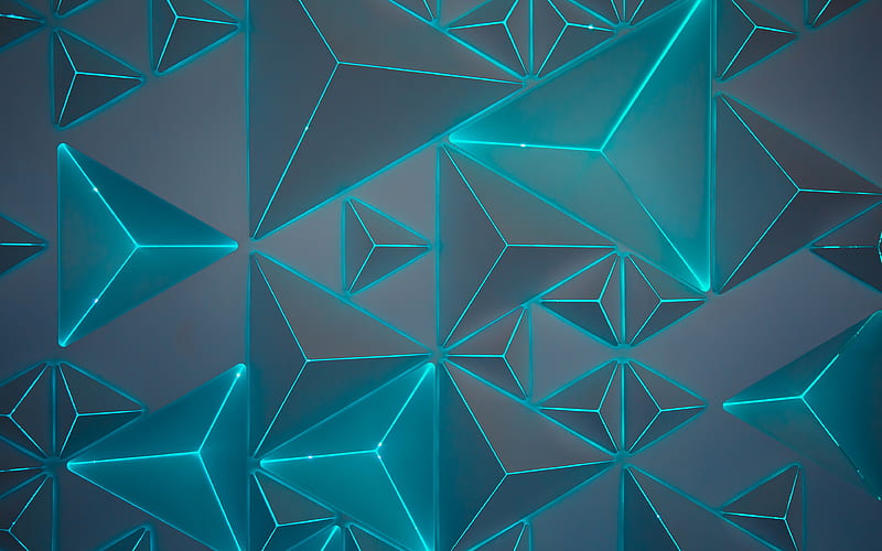 geometric abstraction, triangles, blue neon illumination, geometric shapes, pattern, HD wallpaper