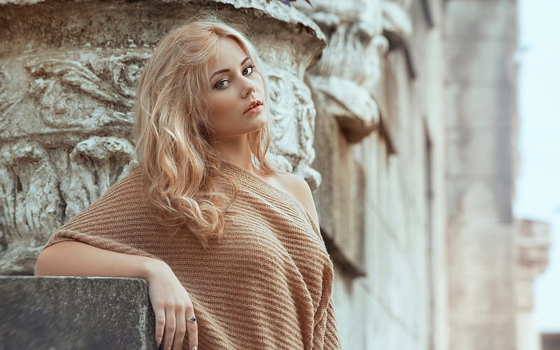 blonde, model, portrait, beautiful girl, brown sweater, HD wallpaper