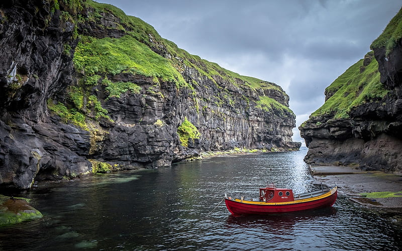 Faroe Islands, Islands, river, boat, Faroe, HD wallpaper