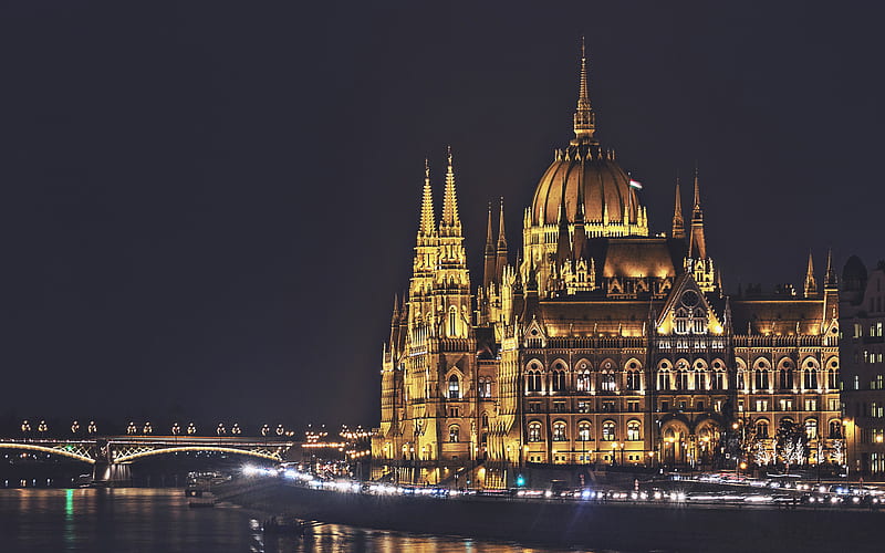 Parliament of Budapest, nightscapes, Budapest landmarks, Hungarian Parliament Building, cityscapes, Danube River, Budapest, Hungary, HD wallpaper